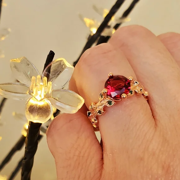 Grand Romantic Gesture Red Ruby Rose Emerald Green Leaf Gemstone 925 Golden Ring - Picture 12 of 16